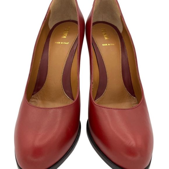 NWOT FENDI Oxblood Leather Pumps w Striped Stack Heel - Picture 8 of 16